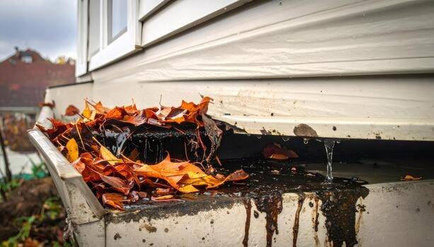 A gutter along the side of a house clogged with wet orange leaves and dark sludge, with water spilling over and running down the siding